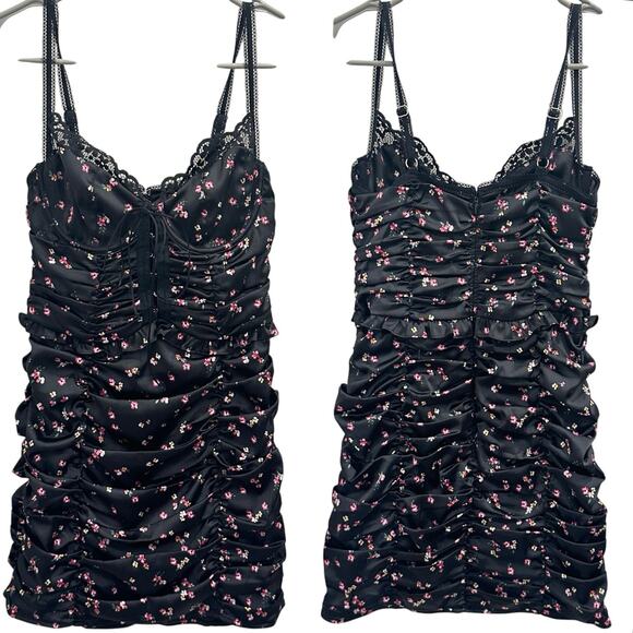 For Love and Lemons Pansy Floral Black Satin Lace Mini Dress Ruched Bodycon Club - Picture 1 of 11